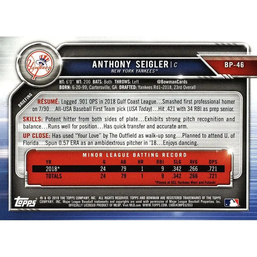 2019 Bowman Prospects Anthony Seigler #BP-46 New York Yankees